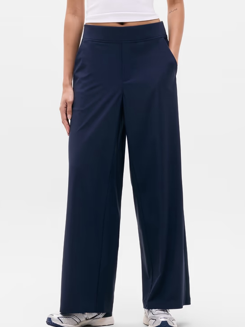 Athleta Navy Blue with Black Stripe Side Snap Opening Wide Leg Pants, Size 12P